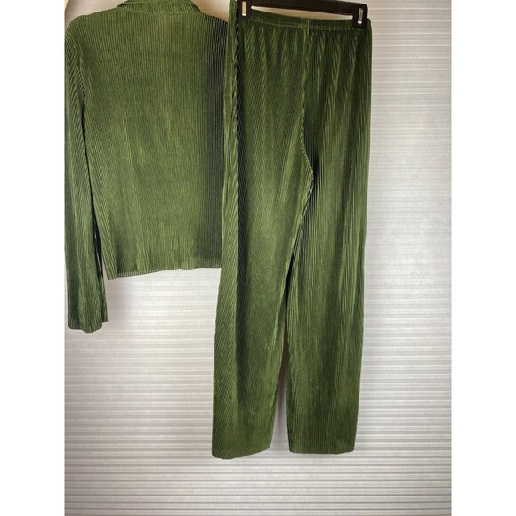 Say Anything 2pc Top Pants Sz M Olive Green Ribbed Long Sleeve Button Down Sheer - Picture 9 of 14